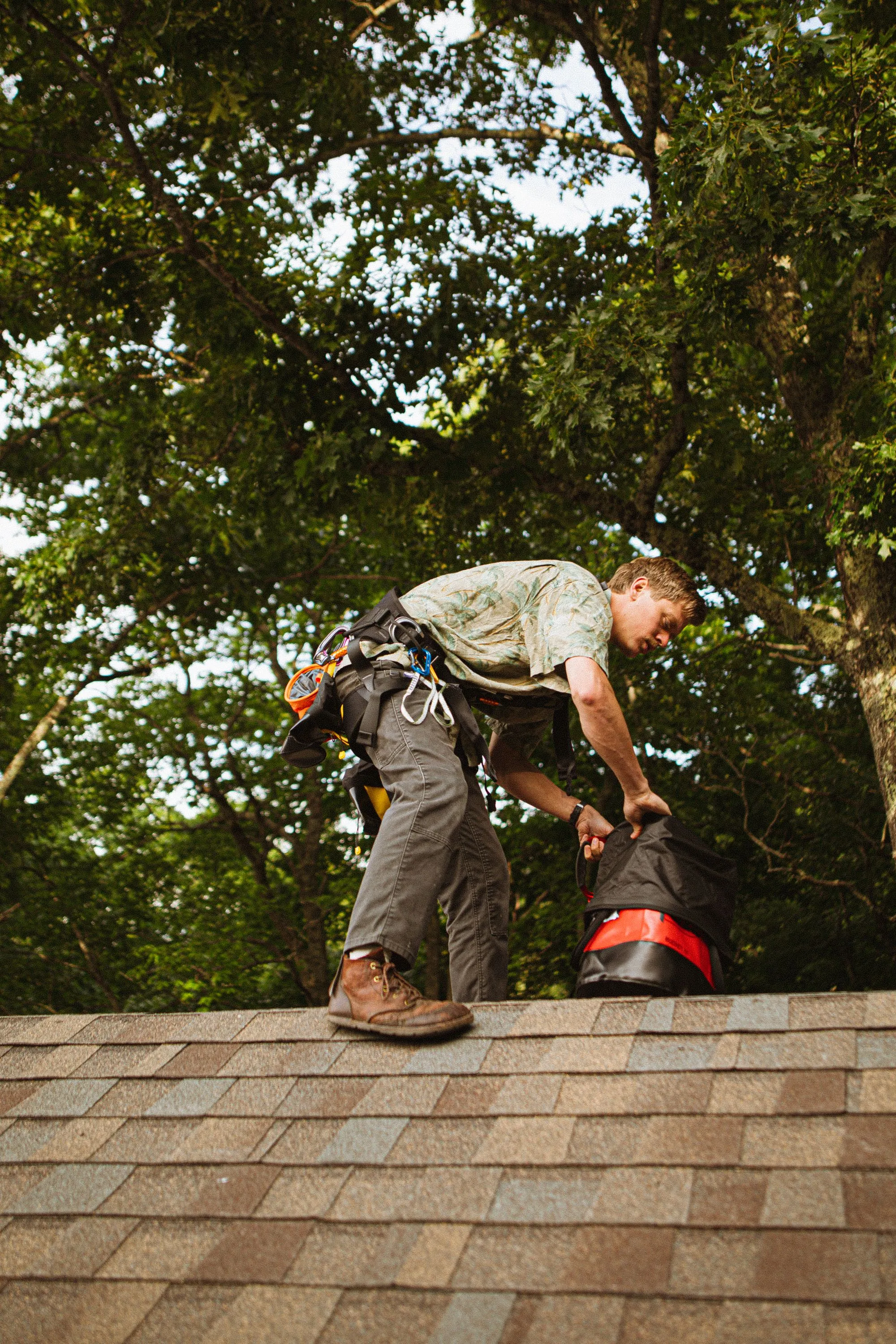 A close-up of new shingle courses being set on a residential roof